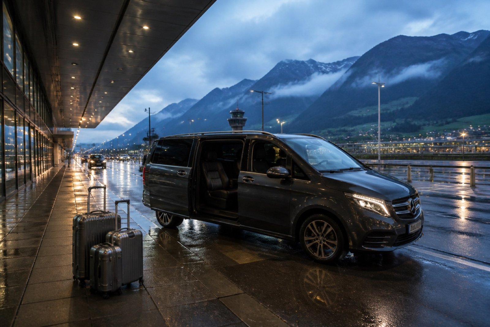 Dark minivan waiting at an airport arrivals curb