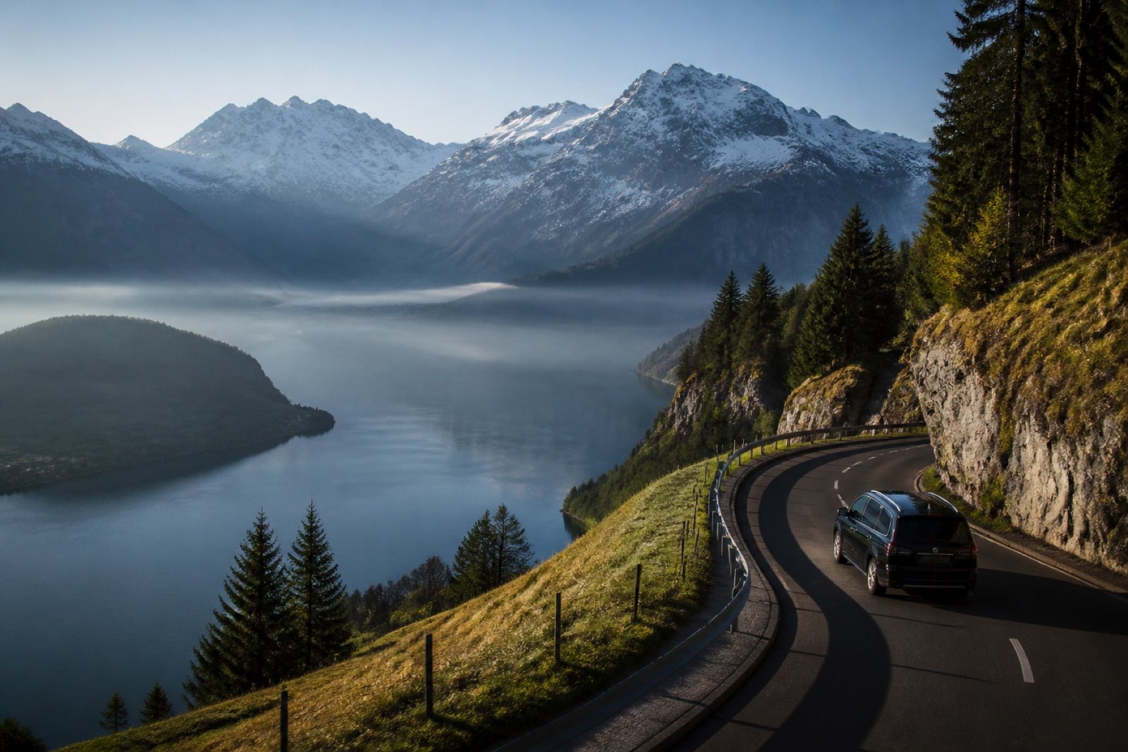 Luxury minivan on a winding alpine road above a Swiss lake