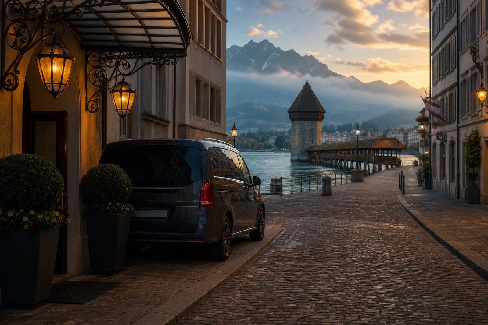 Lucerne old town street with a discreet minivan at a hotel entrance