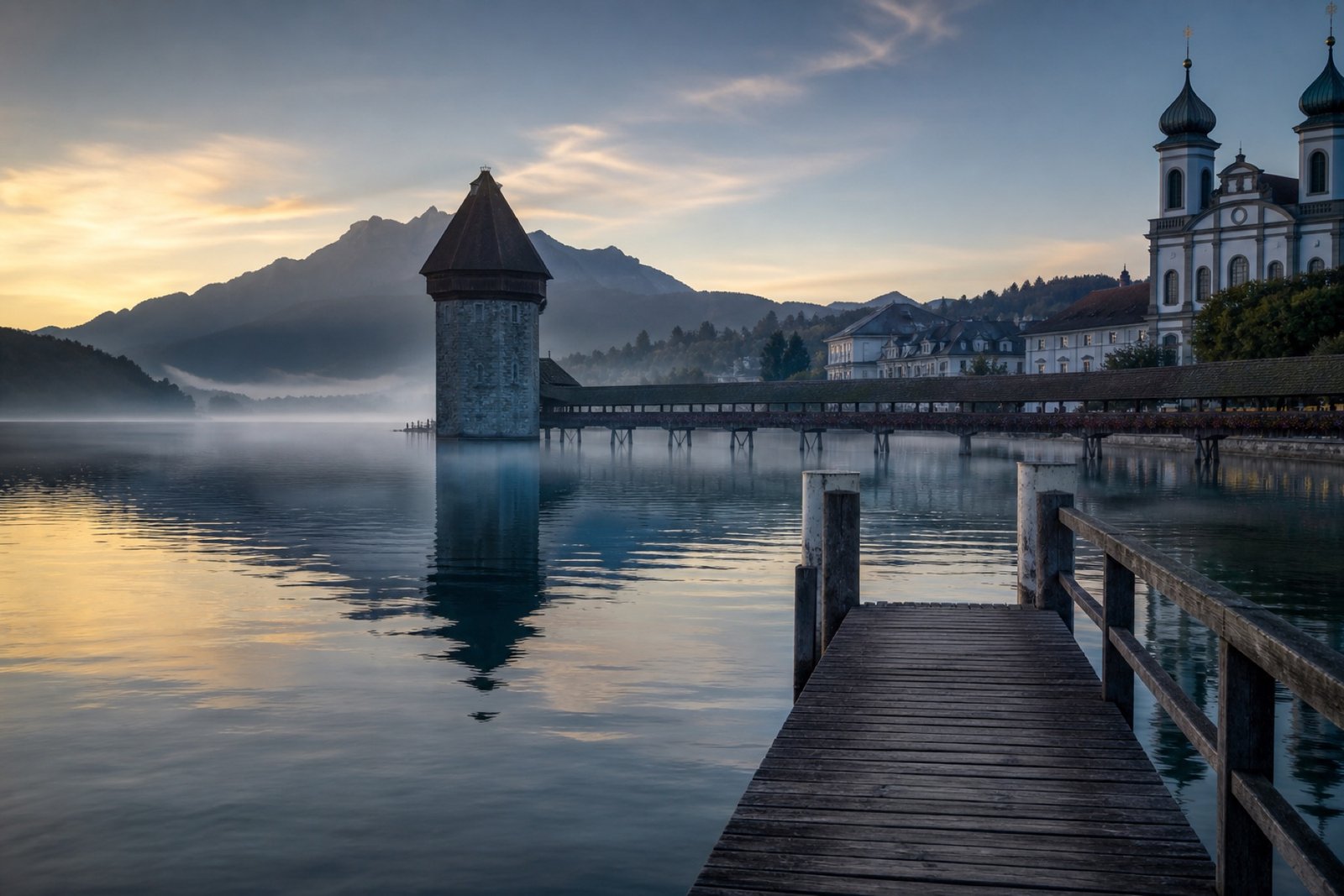 Dawn mist over Lake Lucerne with the Chapel Bridge in the distance