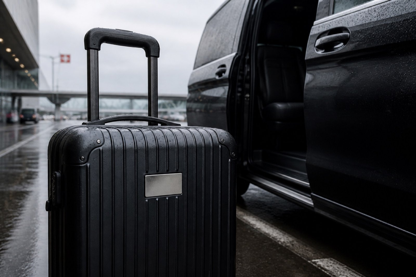Travel luggage beside a minivan sliding door